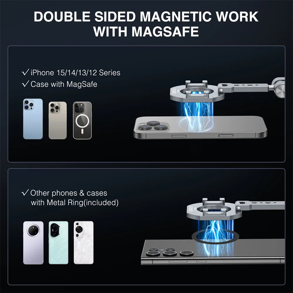 CAMOLO 2025 Dual Magnetic Phone Holder – Magsafe Tripod Mount with Cold Shoe