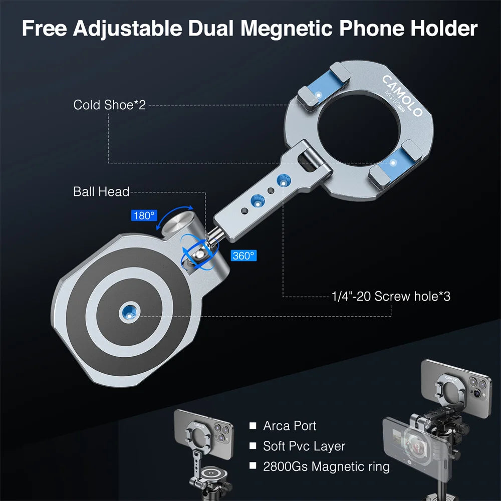 CAMOLO 2025 Dual Magnetic Phone Holder – Magsafe Tripod Mount with Cold Shoe