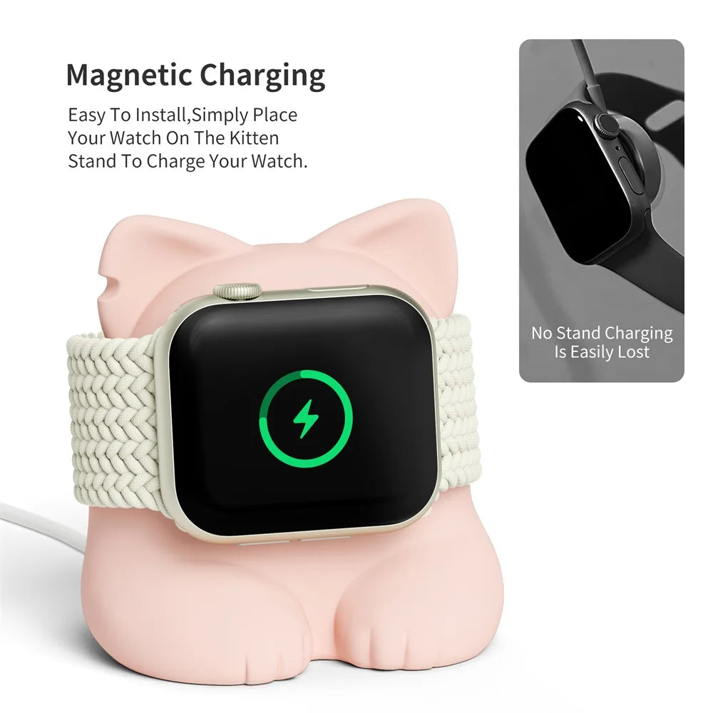 Apple Watch Charger Stand – Silicone Dock for All Series - Cute Cat