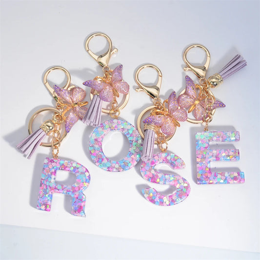 Alphabet Letters Keychain - Purple Pink Butterfly