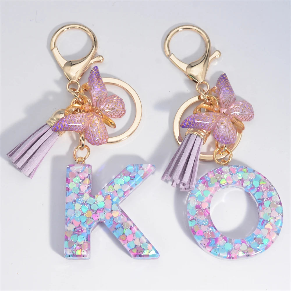 Alphabet Letters Keychain - Purple Pink Butterfly